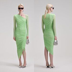 Self-Portrait Asymmetric Pencil Midi Dress Green Mesh Ruched Side Tie Mesh Long